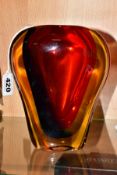 A MURANO OBALL TRI COLOUR CASED GLASS VASE, in red, blue and amber, bears betched signature to the