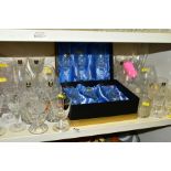 A GROUP OF LOOSE AND BOXED GLASSWARE, including two boxed sets of three Brierglass champagne flutes,