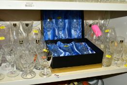 A GROUP OF LOOSE AND BOXED GLASSWARE, including two boxed sets of three Brierglass champagne flutes,