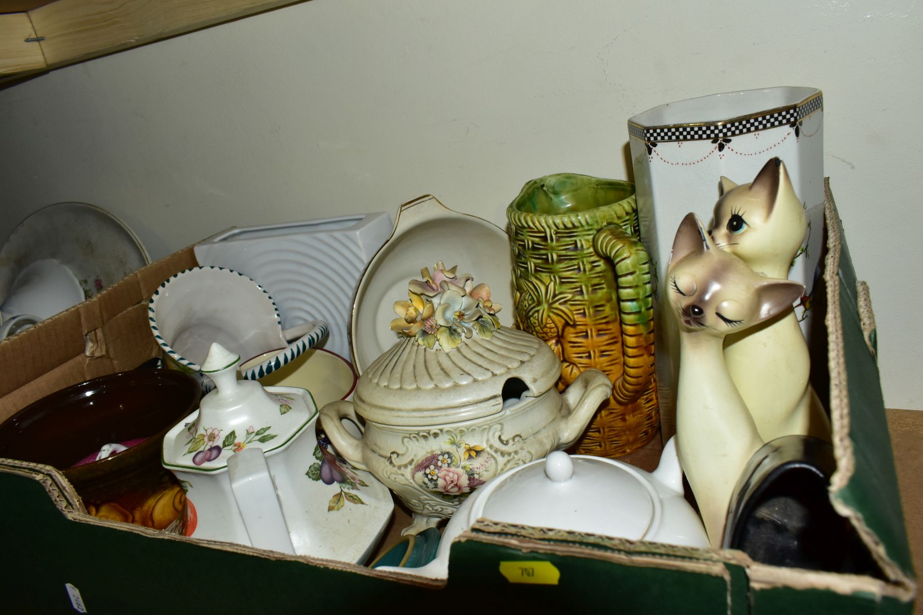 FIVE BOXES OF MISCELLANEOUS CERAMICS, including West German vase with fat larva shoulders, Denby - Image 9 of 11