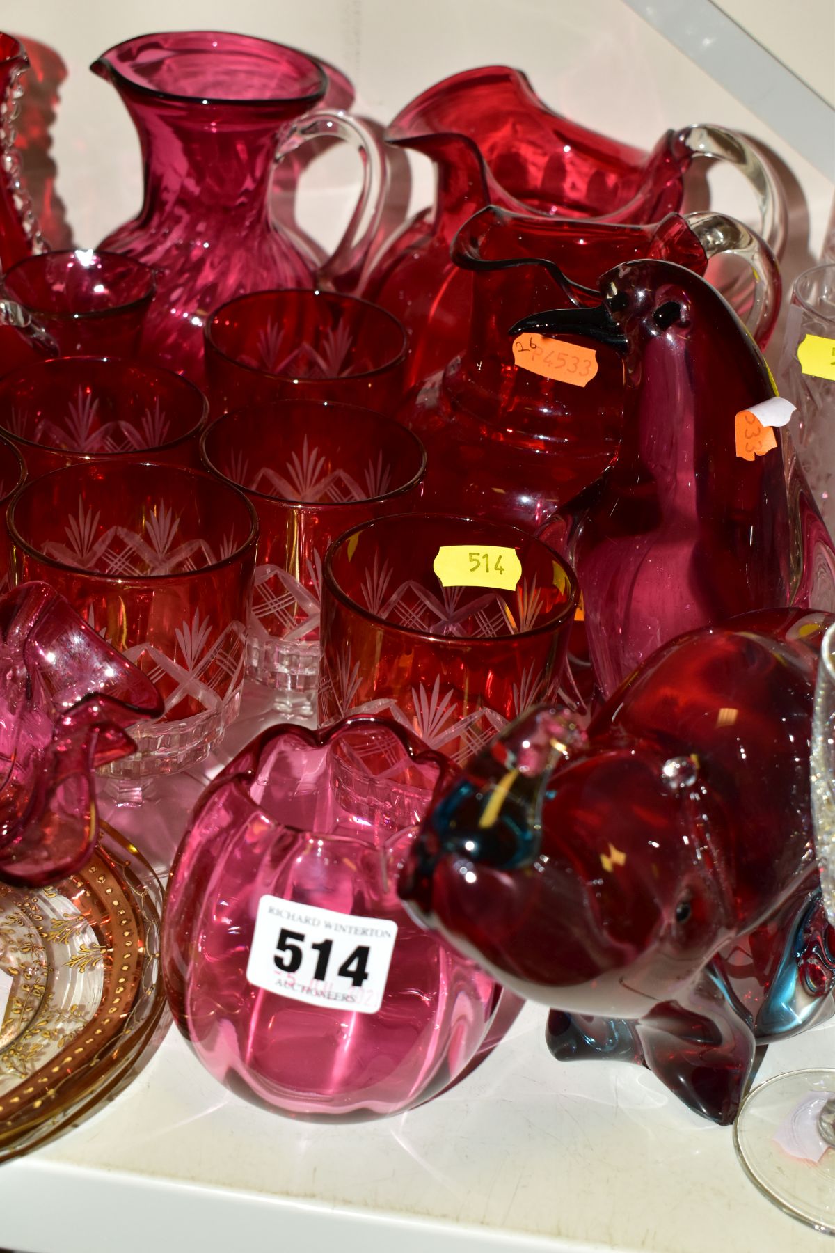 A COLLECTION OF COLOURED GLASSWARE, including a Wedgwood mushroom, a green and clear bowl on a - Image 3 of 4