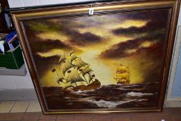 A MARITIME THEMED PAINTING OF GALLEONS UNDER SAIL IN ROUGH SEAS, initialled L.A.D, oil on board,