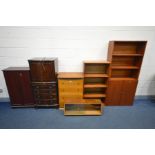 A MAHOGANY DRINKS CABINET, width 61cm x depth 43cm x height 130cm, two door storage unit, a chest of