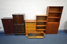 A MAHOGANY DRINKS CABINET, width 61cm x depth 43cm x height 130cm, two door storage unit, a chest of