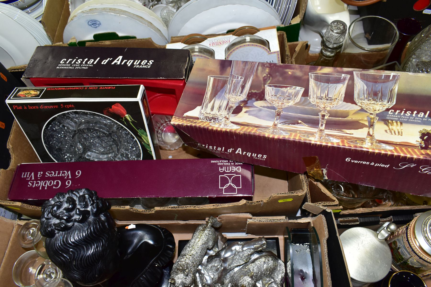 FOUR BOXES OF DECORATIVE ORNAMENTS AND GLASS WARES, ETC, to include a black plaster bust of a female - Image 5 of 6