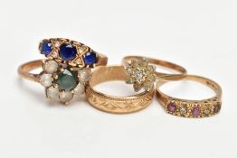 FIVE DRESS RINGS to include, a hallmarked 9ct gold ruby and diamond half eternity ring, ring size L,