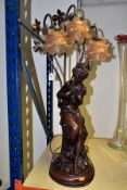 A BRONZED RESIN AND METAL FIGURAL TABLE LAMP, cast as a female figure holding two doves to her