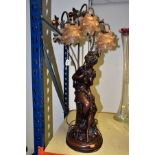 A BRONZED RESIN AND METAL FIGURAL TABLE LAMP, cast as a female figure holding two doves to her