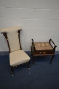 A VICTORIAN MAHOGANY PRAYER CHAIR with cream upholstery together with an Edwardian mahogany and