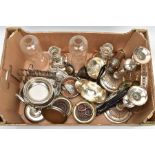 A LARGE BOX OF SILVER PLATED METALWARE, to include a pair of candlesticks, weighted stepped bases,