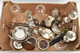 A LARGE BOX OF SILVER PLATED METALWARE, to include a pair of candlesticks, weighted stepped bases,