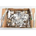 A BOX OF CUTLERY, to include knives, forks, spoons, ladles, cheese knives, cake slice, mainly
