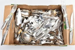 A BOX OF CUTLERY, to include knives, forks, spoons, ladles, cheese knives, cake slice, mainly