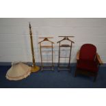 A VICTORIAN GOUT STOOL, mahogany clothes valet, a beech clothes valet, standard lamp with shade