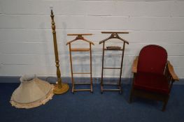 A VICTORIAN GOUT STOOL, mahogany clothes valet, a beech clothes valet, standard lamp with shade