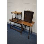 FOUR VARIOUS PIECES OF OAK FURNITURE, to include an oak square top occasional table, 51cm squared