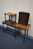 FOUR VARIOUS PIECES OF OAK FURNITURE, to include an oak square top occasional table, 51cm squared