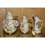 THREE ROYAL WORCESTER IVORY GROUND JUGS/EWER, comprising a tusk ewer, shape no 1116, date cypher for