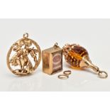 THREE 9CT GOLD CHARMS, to include a wine bottle charm with faceted orange glass bead body, an