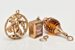THREE 9CT GOLD CHARMS, to include a wine bottle charm with faceted orange glass bead body, an