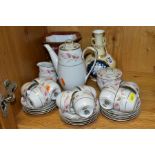 TWO NORITAKE PORCELAIN VASES AND A NORITAKE ROSANNE PATTERN COFFEE SERVICE, the two twin handled
