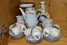 TWO NORITAKE PORCELAIN VASES AND A NORITAKE ROSANNE PATTERN COFFEE SERVICE, the two twin handled