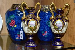 A PAIR OF LOSOL WARE 'MAGNOLIA' PATTERN VASES AND A PAIR OF GEBRUDER HEUBACH COALPORT STYLE TWIN