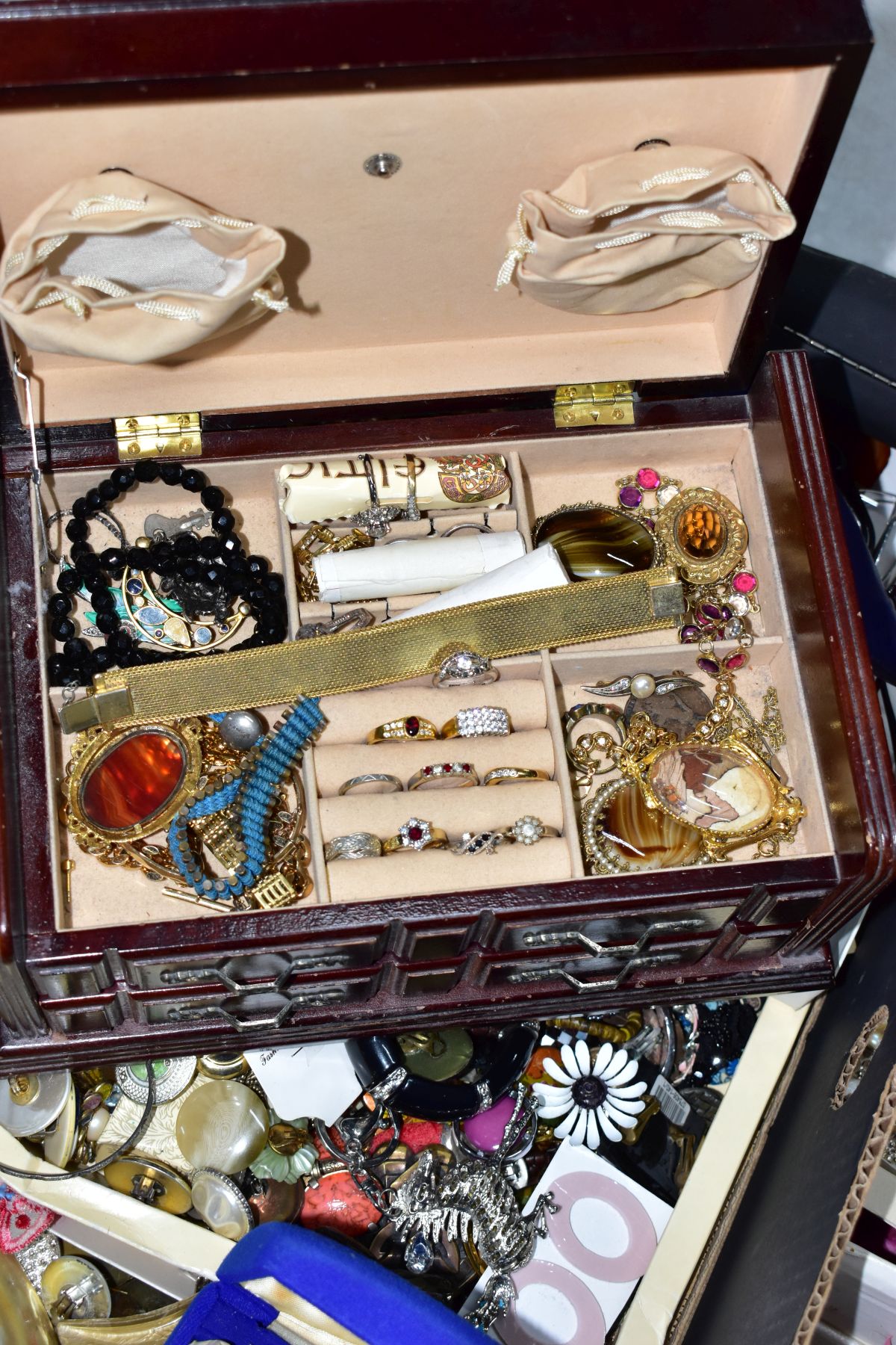 TWO BOXES OF MAINLY COSTUME JEWELLERY, to include a 'Jewelcraft' leaf brooch, a continental - Image 2 of 6