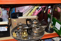 FOUR BOXES AND LOOSE SILVER PLATE, PICTURES, HOUSEHOLD SUNDRIES, etc, including a mid 20th Century