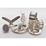 A COLLECTION OF SILVER AND WHITE METAL ITEMS, to include four hallmarked silver napkin rings, two of