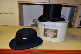 A T. OWEN OF RUGBY BLACK SILK TOP HAT 7¼ x 6ins, scuffs to the edge of the crown, moth damage and