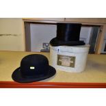 A T. OWEN OF RUGBY BLACK SILK TOP HAT 7¼ x 6ins, scuffs to the edge of the crown, moth damage and