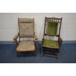 AN EARLY 20TH CENTURY BEECH FOLDING CAMPAIGN CHAIR and a beech American rocking chair (2)