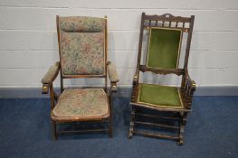 AN EARLY 20TH CENTURY BEECH FOLDING CAMPAIGN CHAIR and a beech American rocking chair (2)