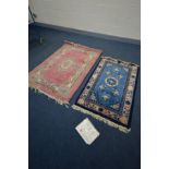 A WOLLEN HAND KNOTTED CHINESE RUG, 155cm x 91cm and a green Chinese rug, 178cm x 120cm (2)