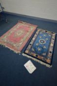 A WOLLEN HAND KNOTTED CHINESE RUG, 155cm x 91cm and a green Chinese rug, 178cm x 120cm (2)