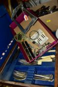 A BOX OF ASSORTED FLATWARES TOGETHER WITH SUNDRY ITEMS, to include Watermans and Swan fountain pens,
