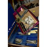 A BOX OF ASSORTED FLATWARES TOGETHER WITH SUNDRY ITEMS, to include Watermans and Swan fountain pens,