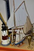 A GROUP OF METALWARE, MODEL SAIL BOATS AND NOVELTY LIGHTHOUSE, comprising plated Pepper & Hope