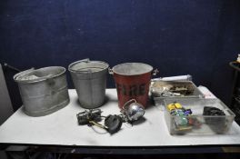 A VINTAGE GALVANISED MOP BUCKET, bucket and fire bucket, two vintage lamps one with articulation and