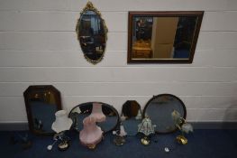 A QUANTITY OF MIRRORS AND LIGHTING to include an oval giltwood bevel edged wall mirror, a
