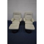 A PAIR OF CREAM LEATHER RECLINING SWIVEL ARMCHAIRS with footstools