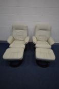 A PAIR OF CREAM LEATHER RECLINING SWIVEL ARMCHAIRS with footstools