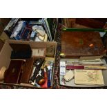 FIVE BOXES AND LOOSE COLLECTABLES, CLOCKS, PIPES, TREEN, CIGARETTE AND TRADE CARDS, DVD'S, CD'S,