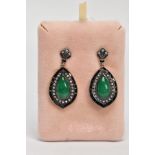 A PAIR OF DROP GEM EARRINGS, each of pear shape outline set with a central pear shape jade