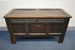 A GEORGIAN OAK COFFER, with a triple panel front, width 122cm x depth 53cm x height 66cm (Sd and