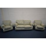 A CREAM AND BEIGE TWO SEAT SETTEE with floral upholstery, inner width 140cm and a pair of similar