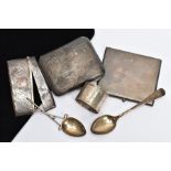 A BOX OF SILVER CARD CASES, A NAPKIN RING AND TEASPOONS ETC, to include a rectangular engine