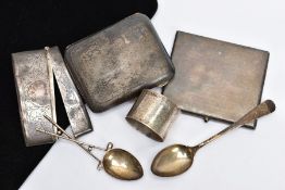 A BOX OF SILVER CARD CASES, A NAPKIN RING AND TEASPOONS ETC, to include a rectangular engine