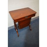 A LATE VICTORIAN MAHOGANY WORK BOX, with canted edges to top, single drawer, copper drop handle,